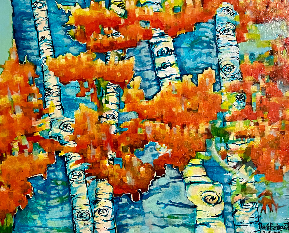Tight composition of birch trunks with patterned bark in autumn.