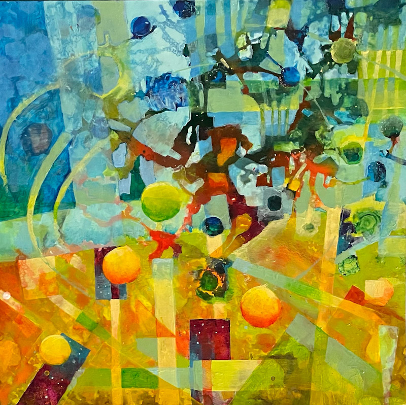 Abstract composition evoking shallow tropical water with limestone karsts.