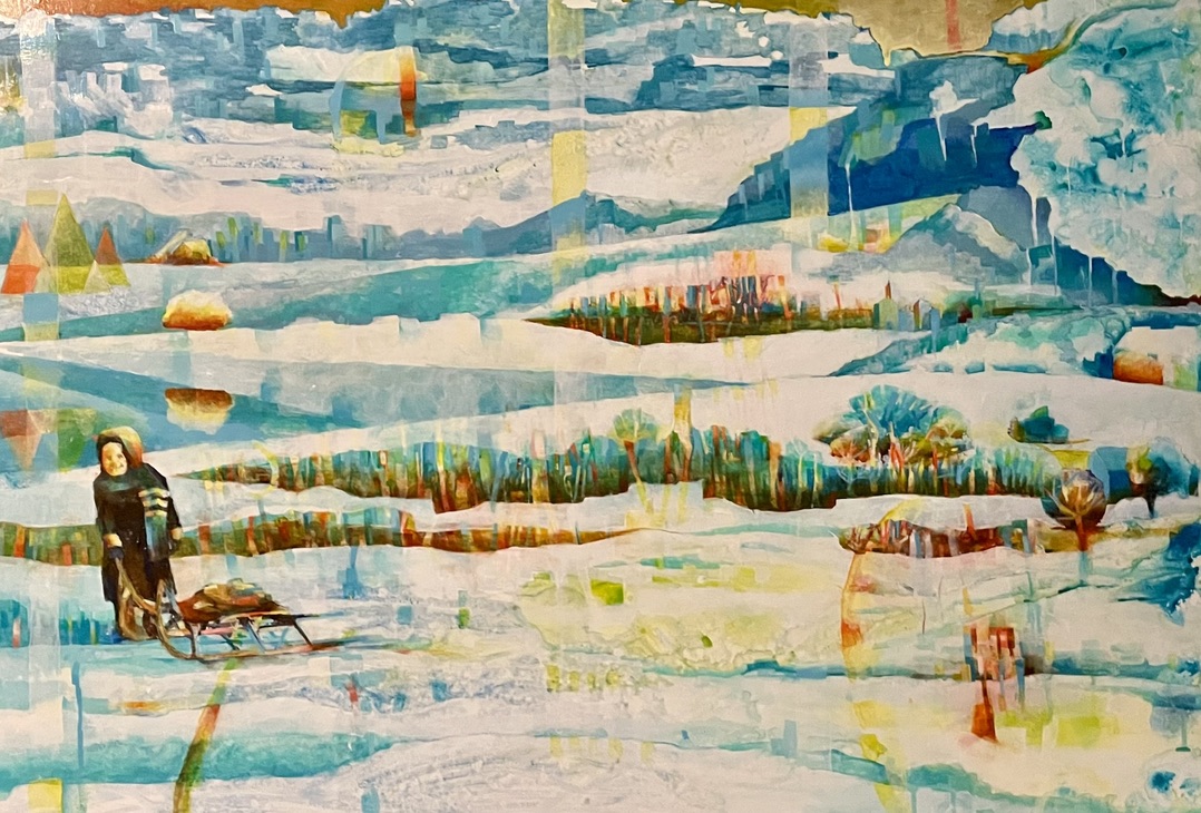 Snowy scene with colorful shapes and a figure pulling a sled.