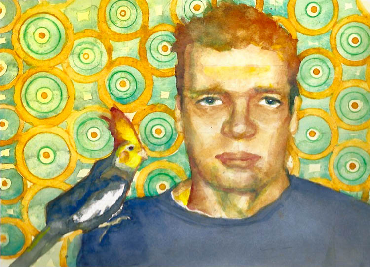 Portrait of serious men with birds, 2022.