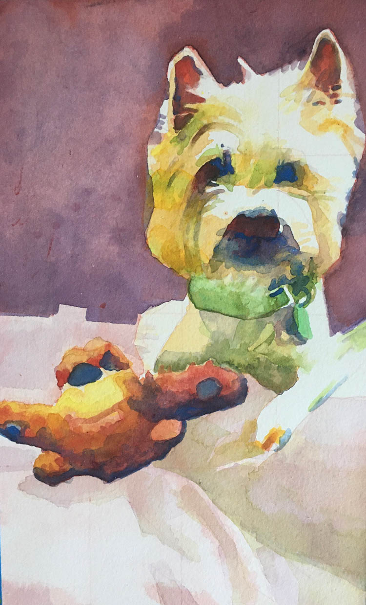 Watercolor portrait of a small dog with a green collar.