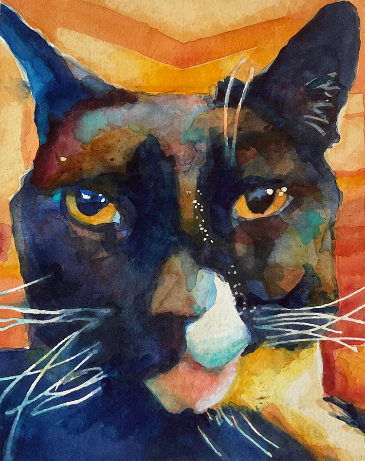 Watercolor portrait of a black cat with golden eyes against an orange backdrop.