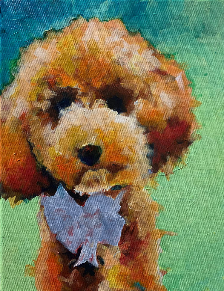 Watercolor portrait of a curly-coated apricot doodle.