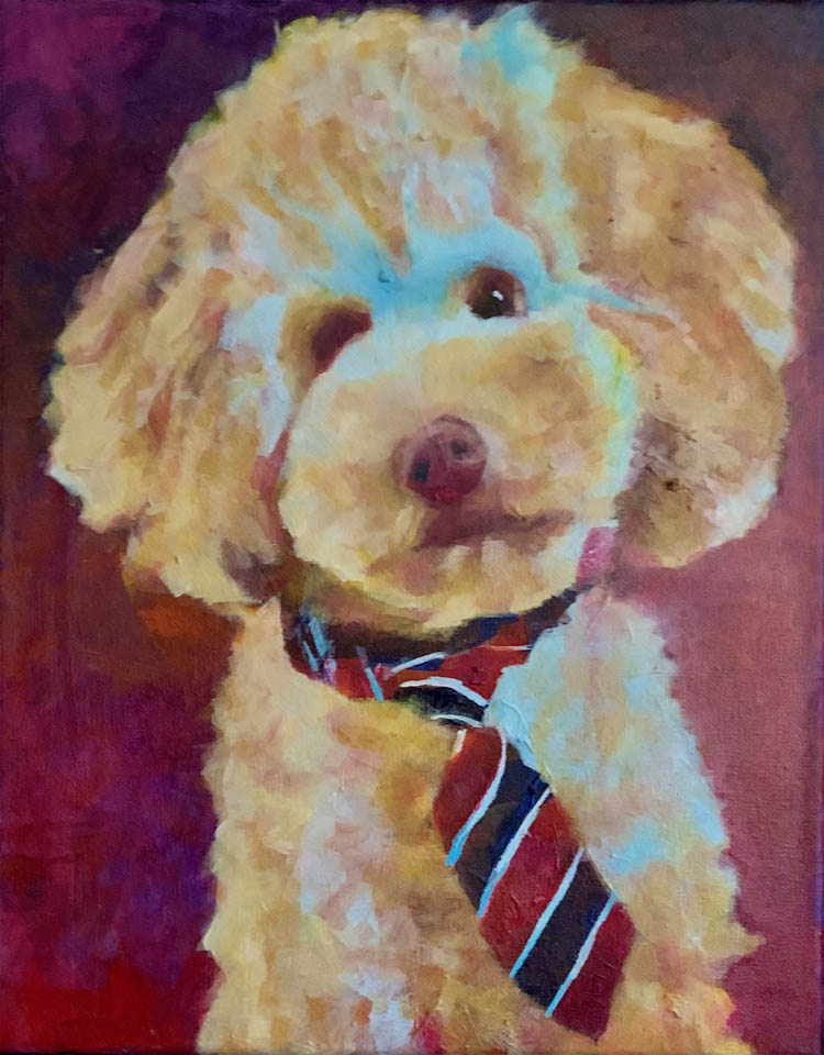 Watercolor portrait of a cream poodle puppy.